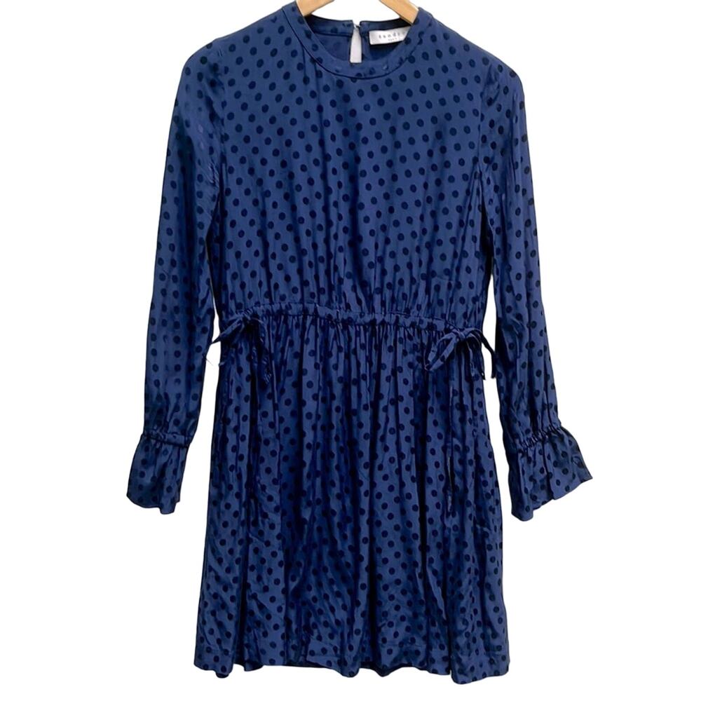 Sandro Lori dot viscose blue polka dot long sleeve draw string dress size 1